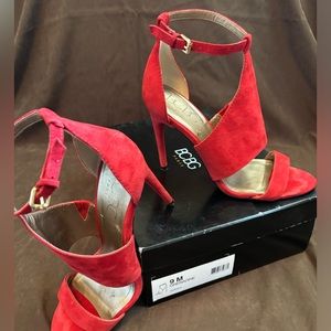 BCBG Paris red suede 4 1/2 in. Open toe heels. Super Sexy.